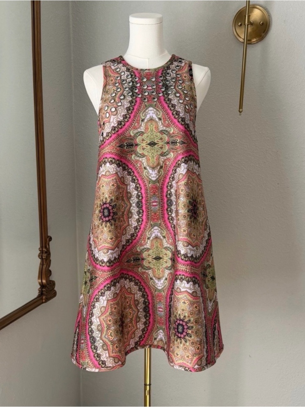 Cynthia Rowley Paisley Eyelet Shift Dress 4 Boho Coastal Preppy Mini